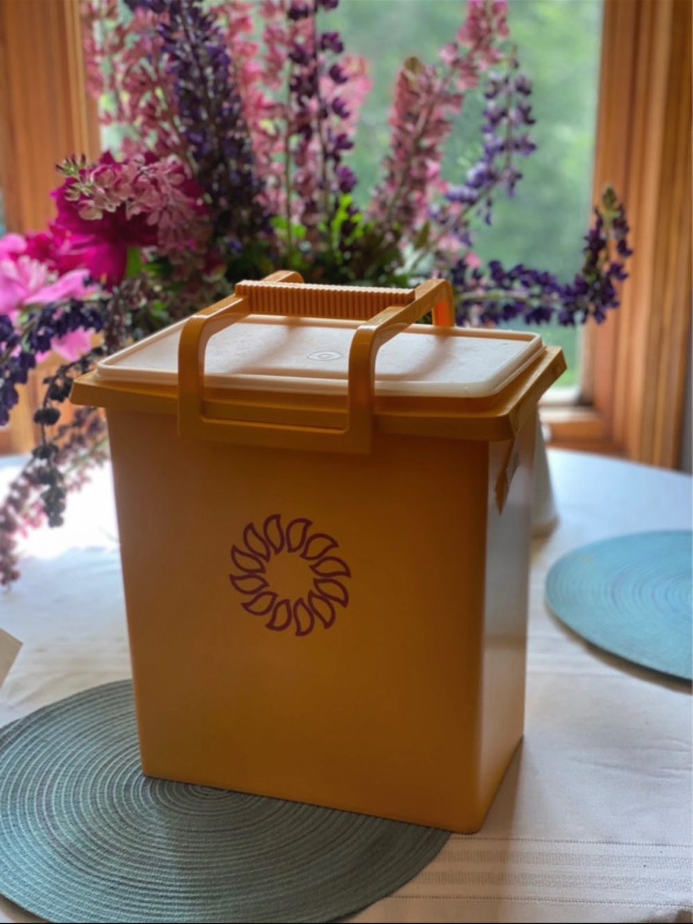 Vintage Yellow Tupperware Storage Bin with Sunburst Logo